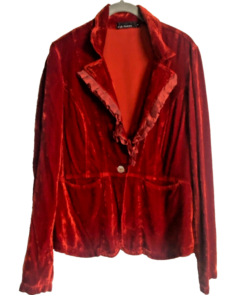 CUT LOOSE Fabulous Red Orange Velvet Boho Mod Jacket w/ Ruffles & Pockets M L